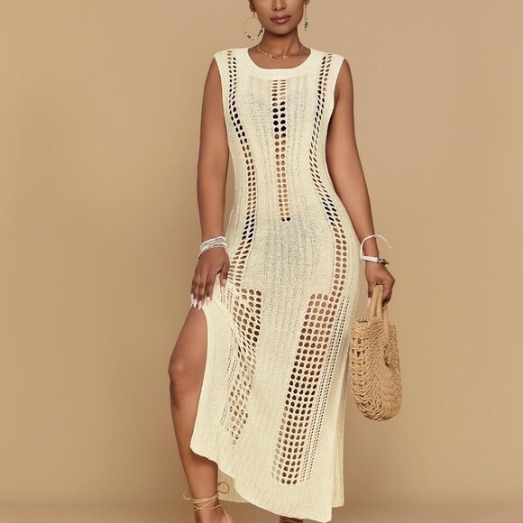 Women’s Crochet Beach Cover Up Sleeveless Summer Knit Swimwear Coverup - Picture 5 of 6